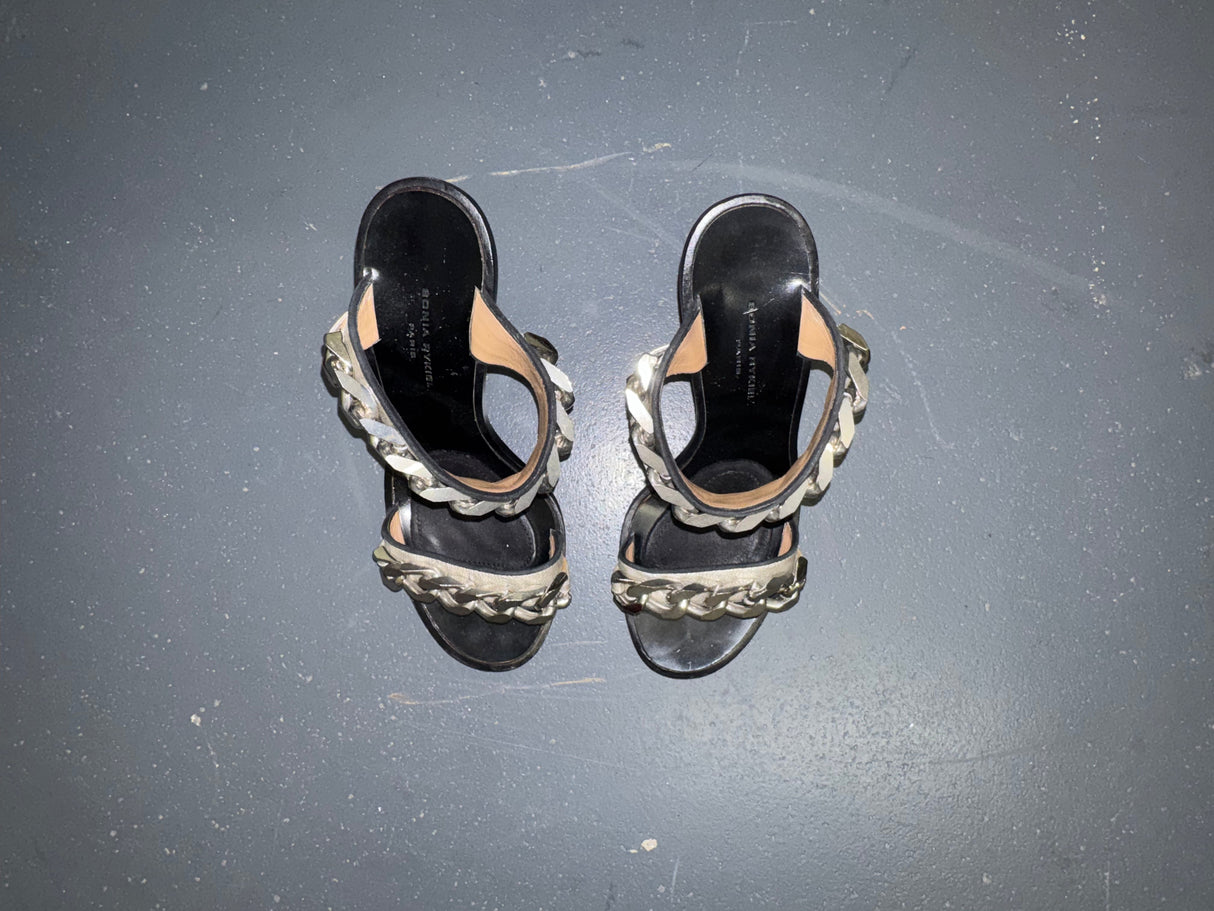 SONIA RYKIEL Silver Chain Leather Wedge Heels Sz 37
