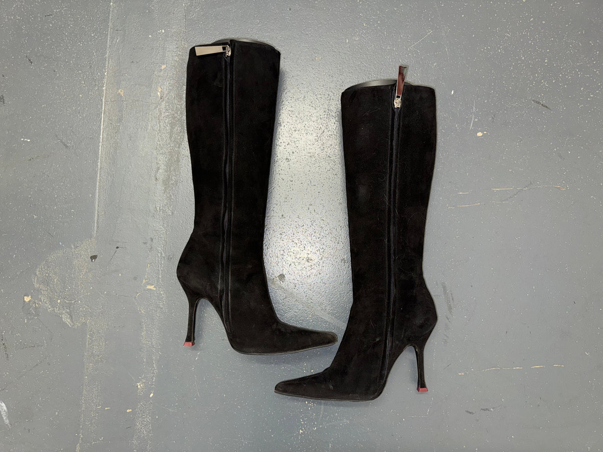 ESCADA Black Suede Knee High Boots with Fur Sz 36