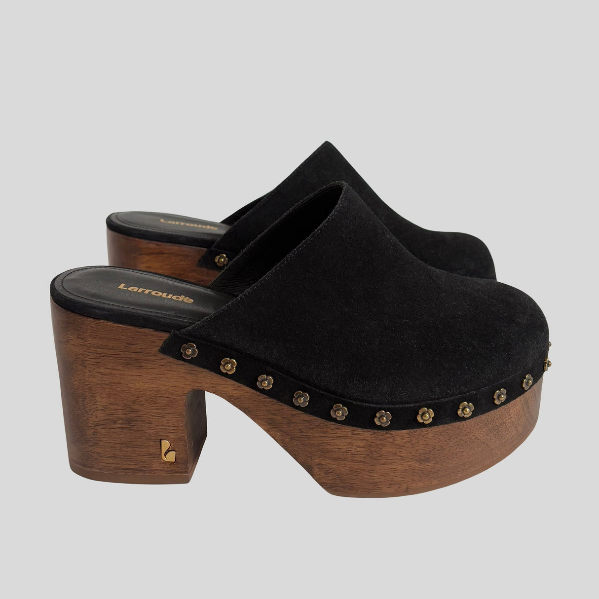 Larroude Miso Wooden Platform Clog In Black Suede - size 8.5