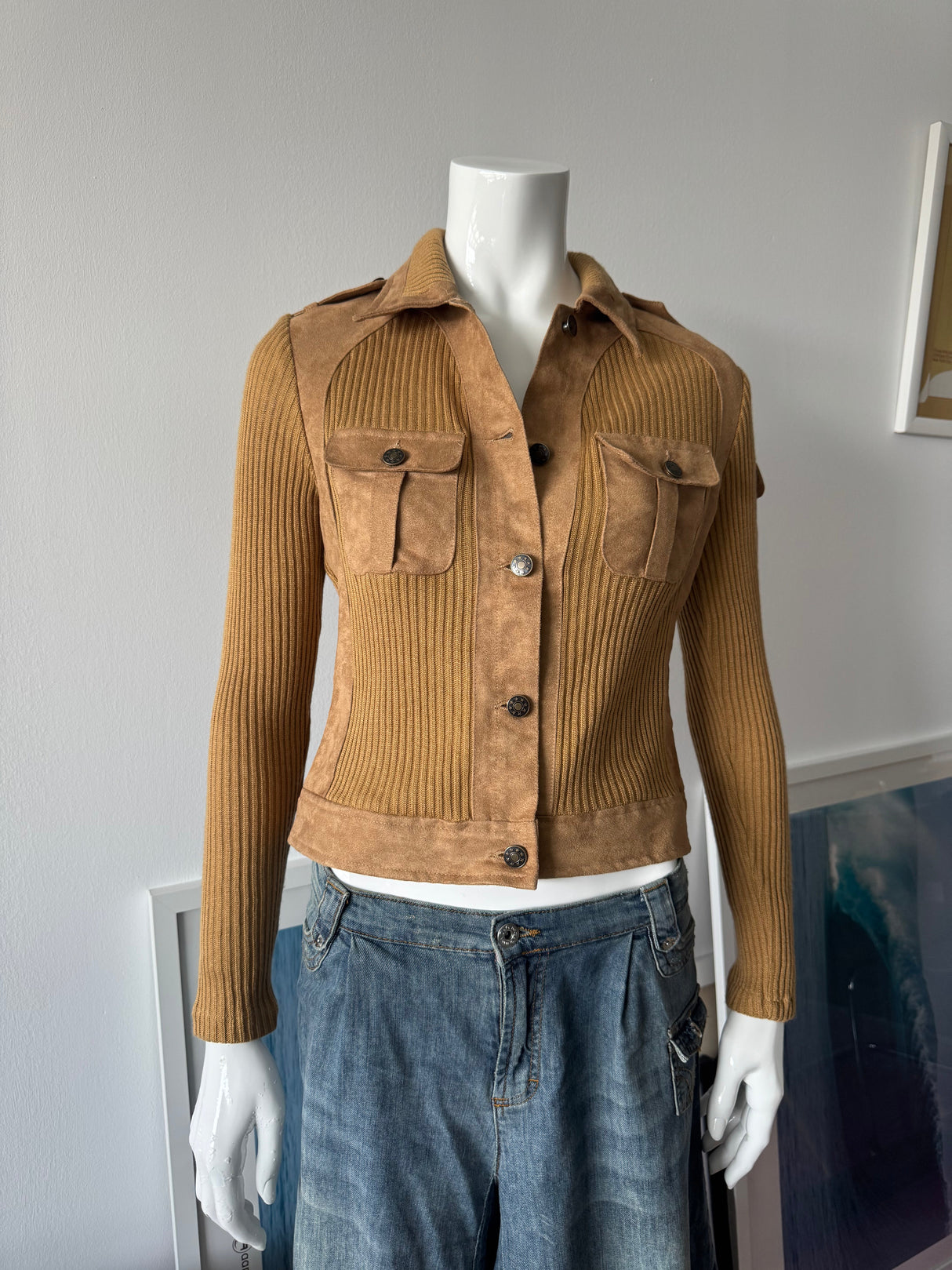 Tan Faux Suede and Wool Sweater Jacket