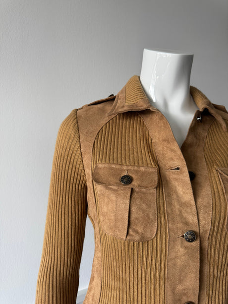 Tan Faux Suede and Wool Sweater Jacket