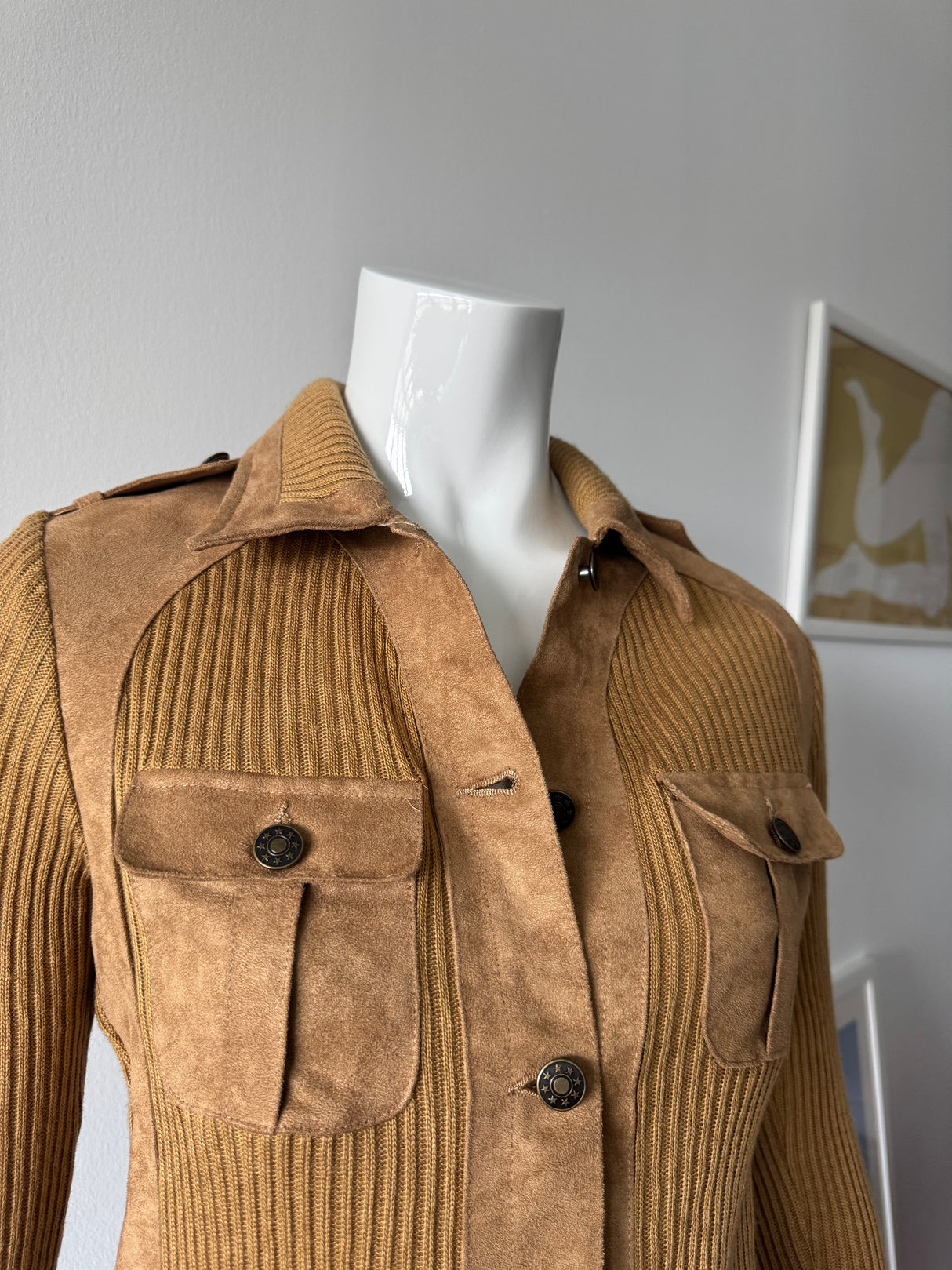 Tan Faux Suede and Wool Sweater Jacket