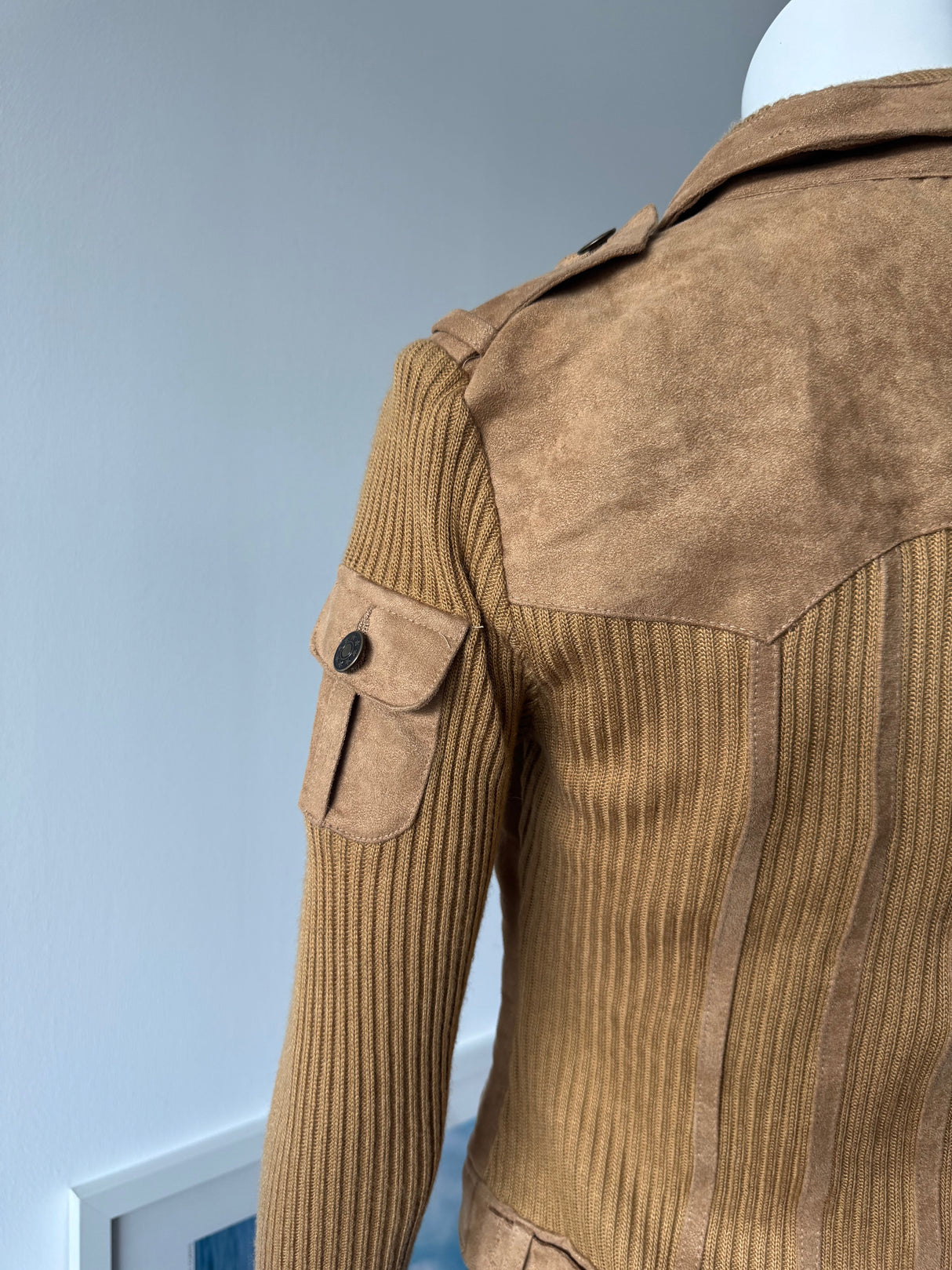 Tan Faux Suede and Wool Sweater Jacket