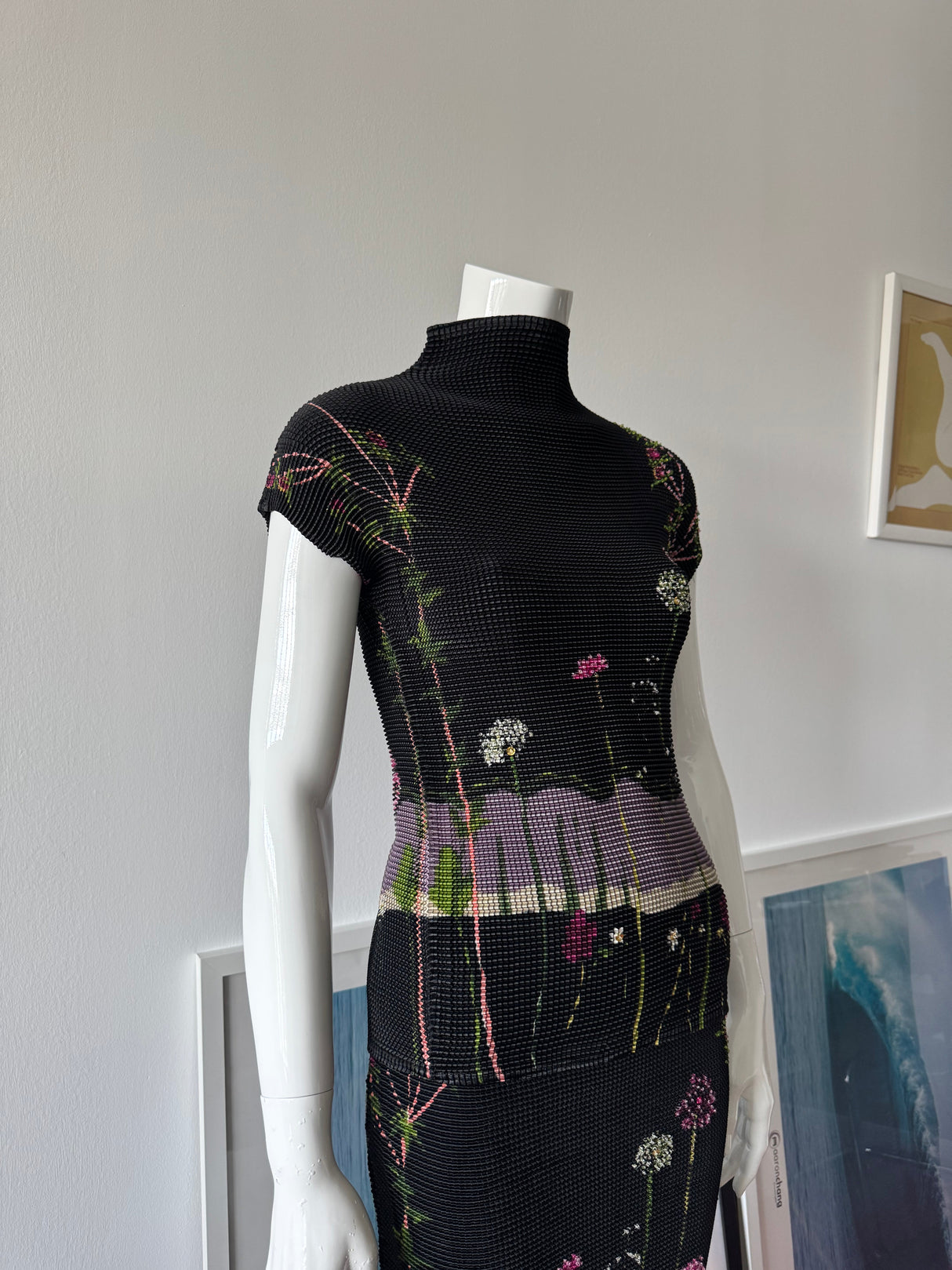 Black Floral Beaded Crinkle Mock Neck Top