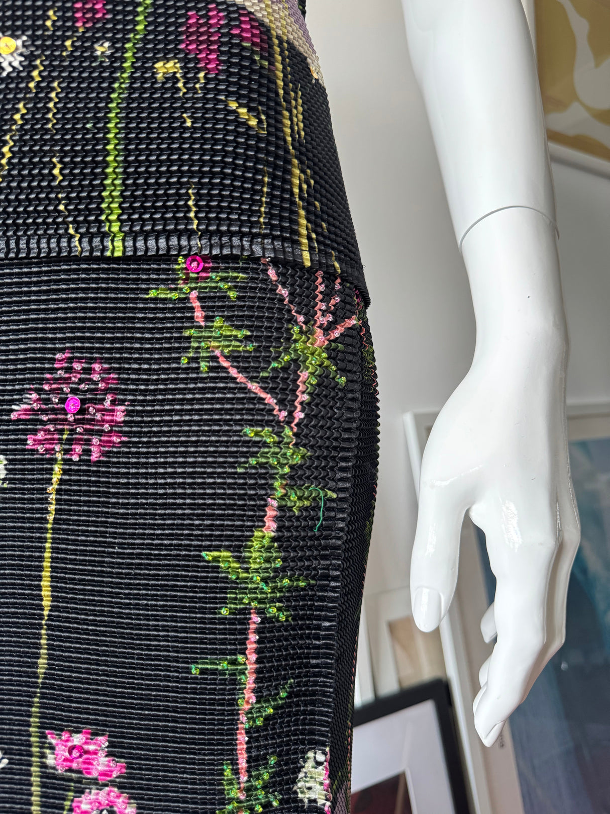 Black Floral Beaded Crinkle Midi Skirt
