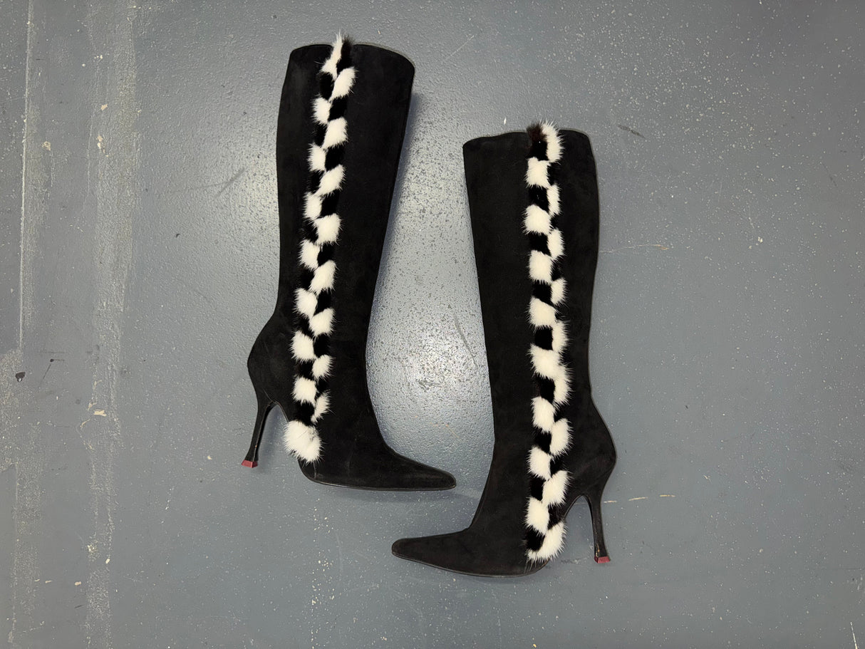 ESCADA Black Suede Knee High Boots with Fur Sz 36