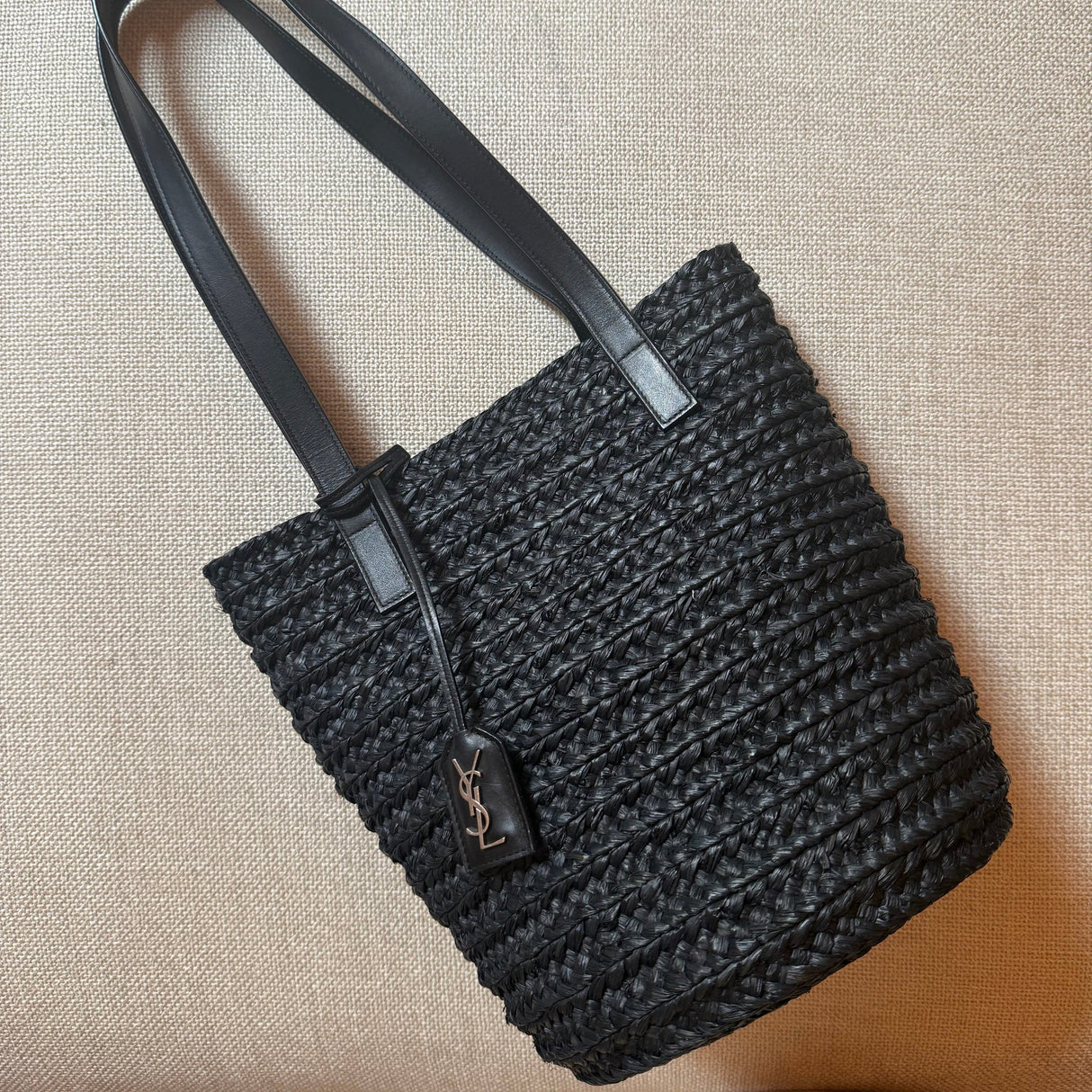 Saint Laurent Panier Raffia Bucket Tote Black
