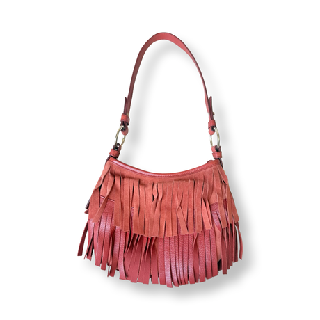 Yves Saint Laurent La Boheme Suede Fringe Mini red orange leather authentic y2k vintage 2004 Tom Ford era