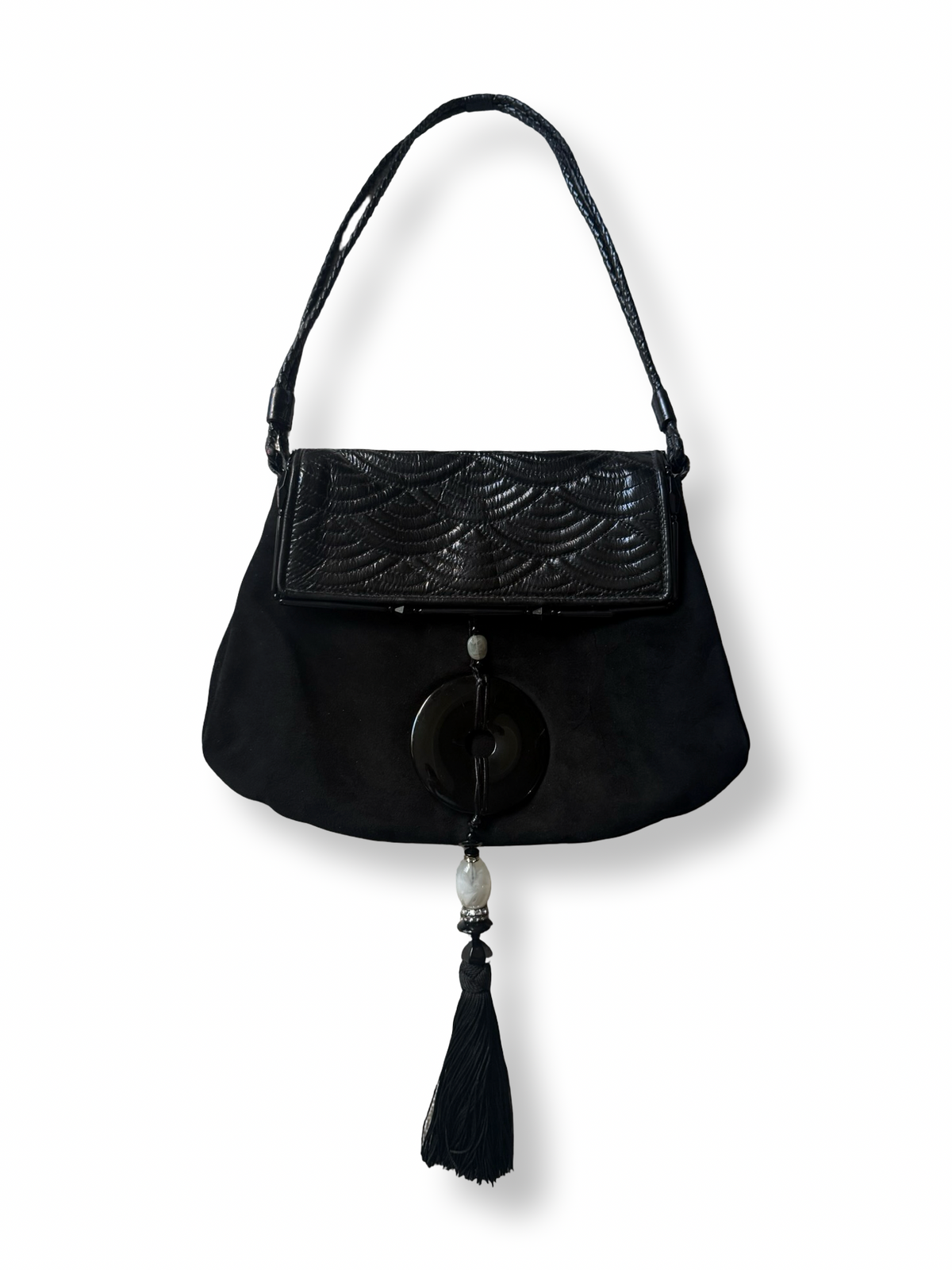 Yves Saint Laurent Vintage Chinoiserie Jade Tassel Bag Black Suede tom ford era tom ford designed 2000s 00s y2k authentic