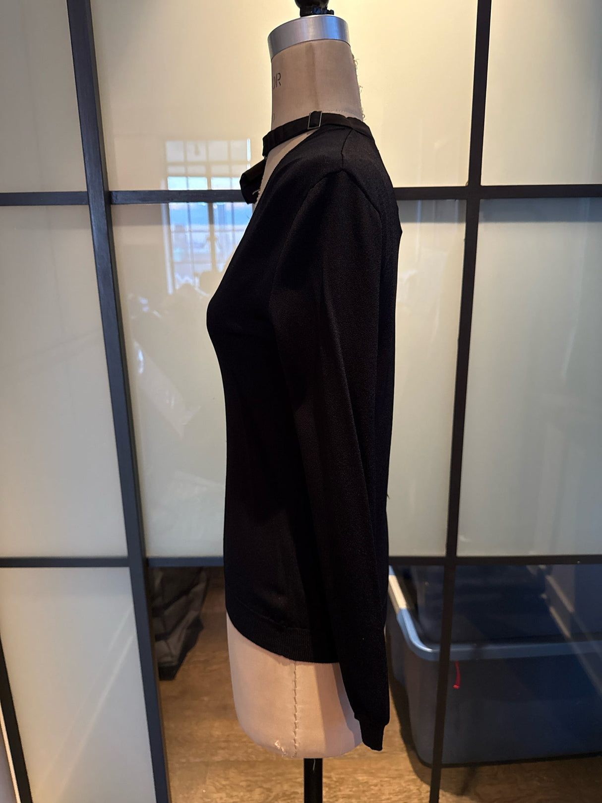 Moschino Black Wool V-Neck Tuxedo Bow Knit Sweater