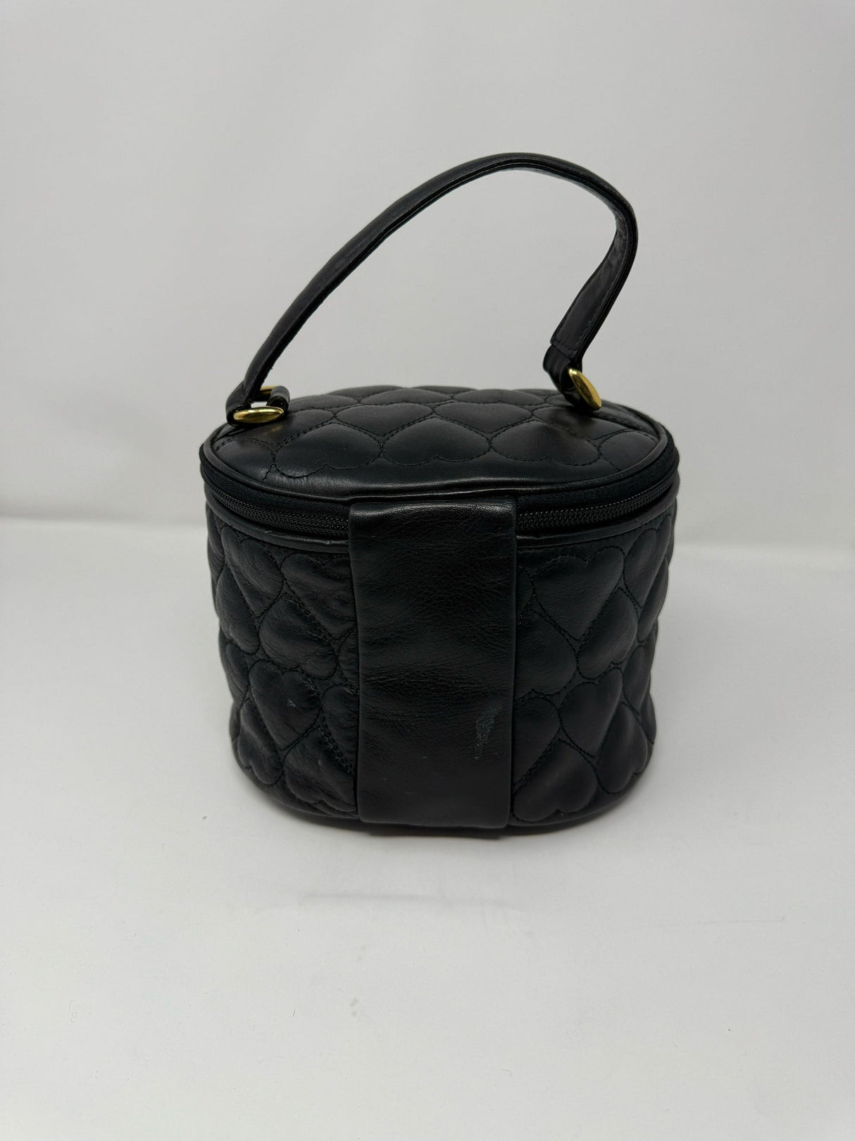 Moschino Black Leather Oval Quilted Heart Vanity Bag