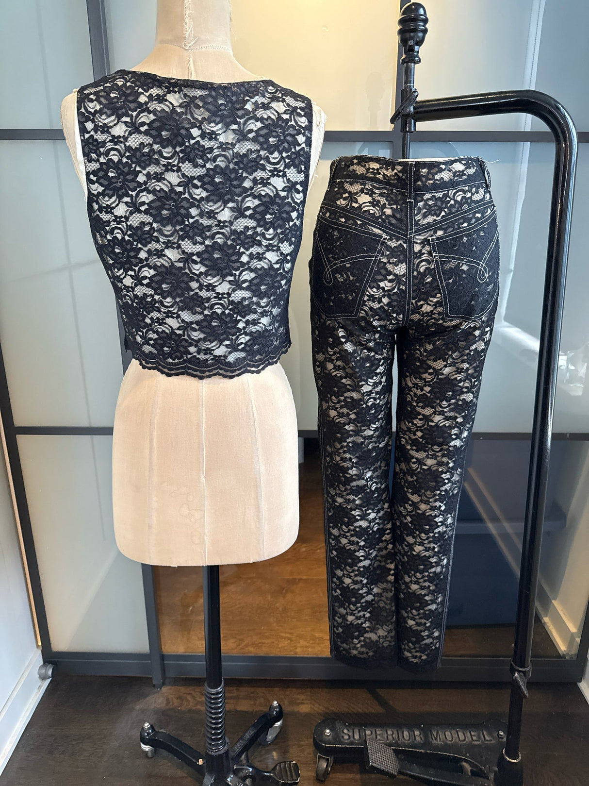 Moschino Jeans Vintage Black Lace 2 pc Pant & Top Set