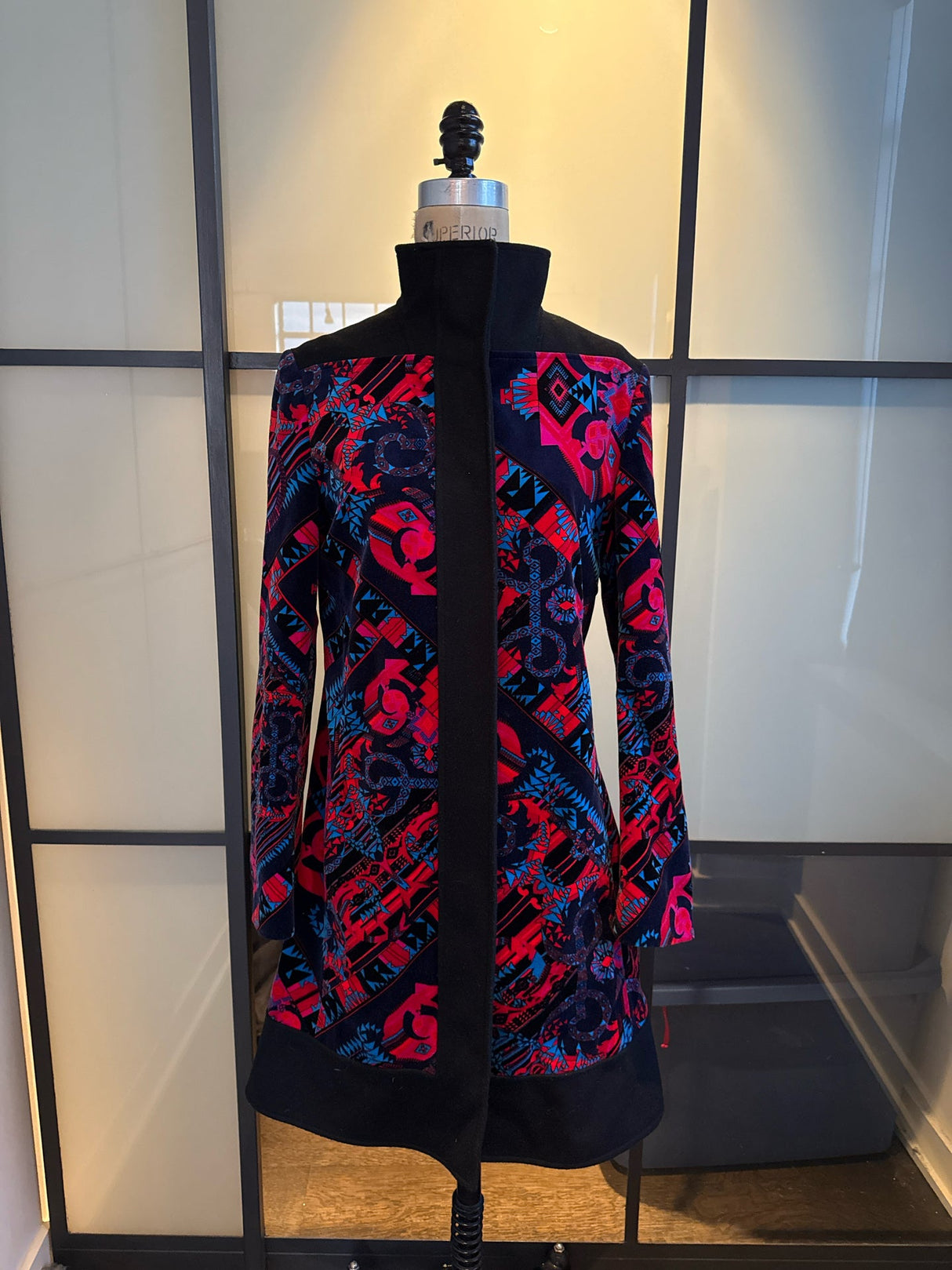 Versace Collection Size 42 Black & Pink Wool & Velvet Funnel Neck Coat