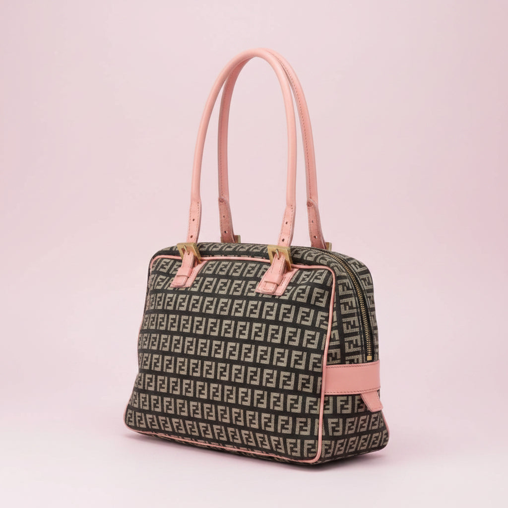 Fendi Zucchino Pink & Black Canvas Top Handle Bag with Leather Trim