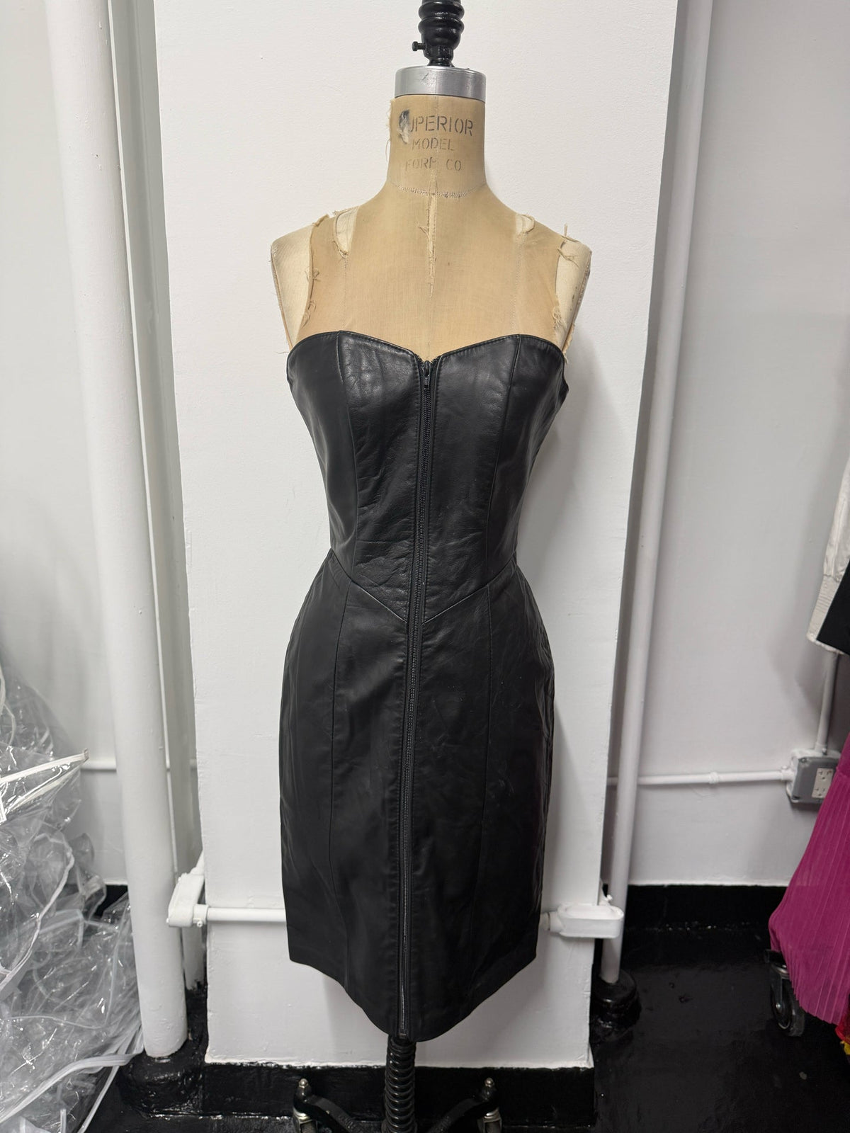 Bagatelle Size 8 Black Leather Strapless Dress 1980s