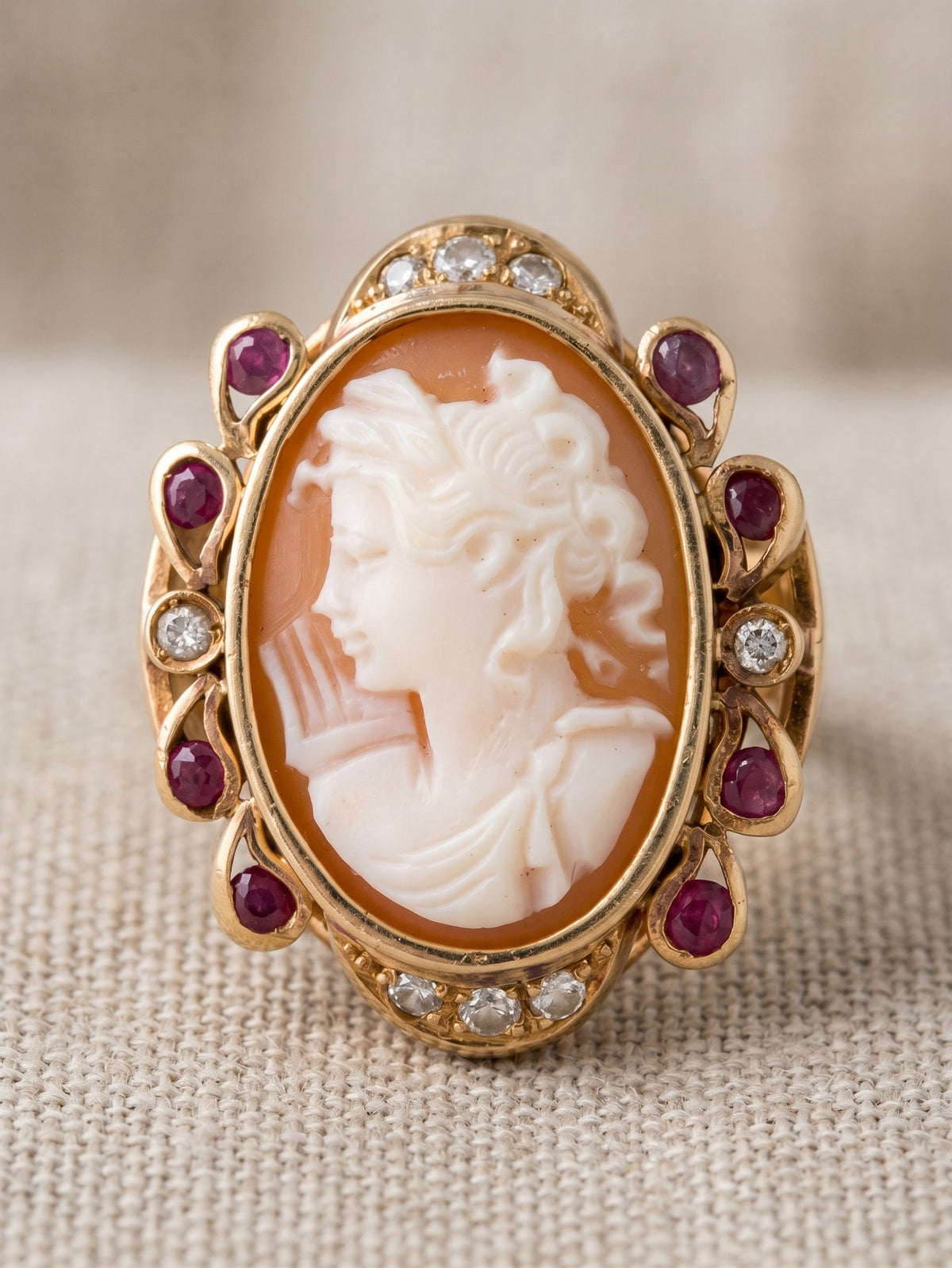 18K Gold Cameo, Ruby and Diamond Cocktail Ring