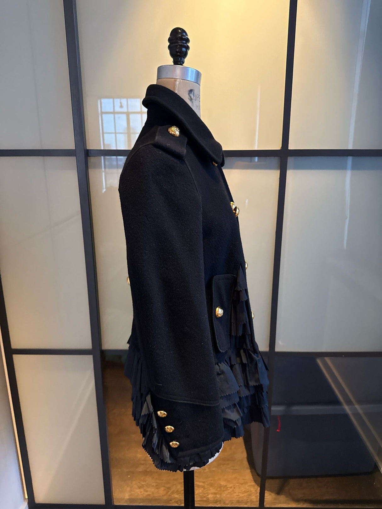 Moschino Black Wool Taffeta Ruffle Pea Coat