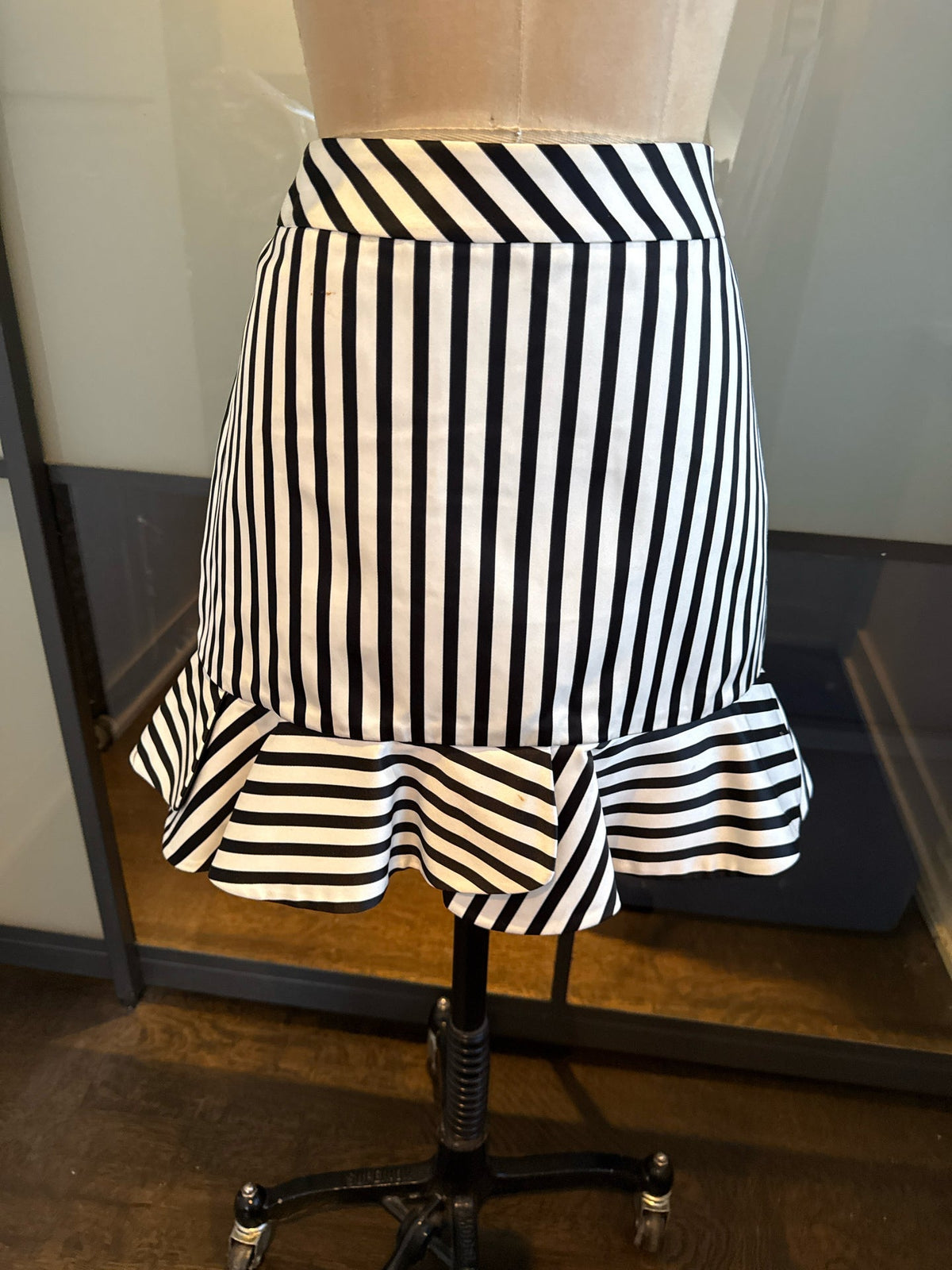 Maje Black & White Striped Ruffle Hem Skirt