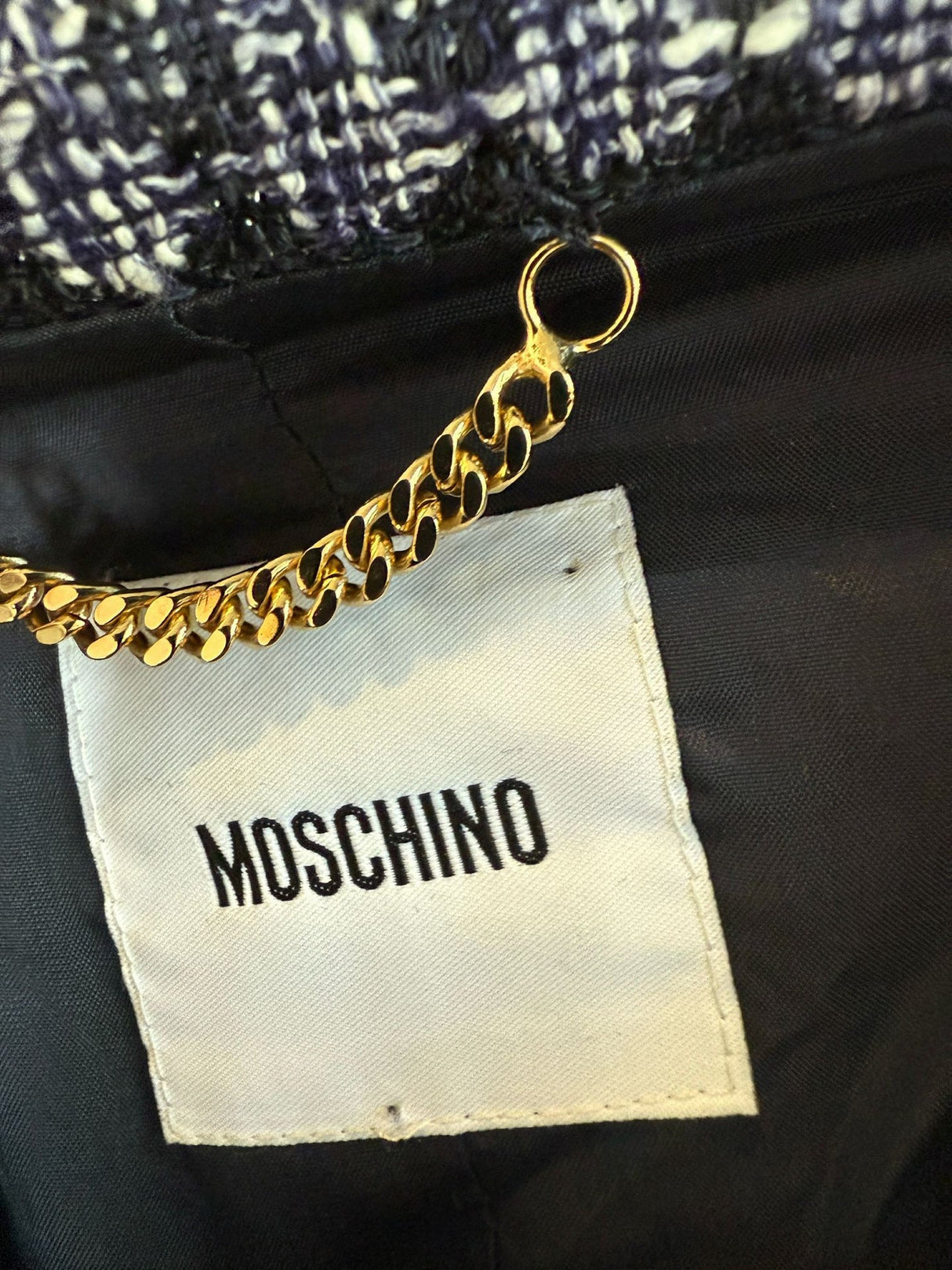 Moschino Navy & White Houndstooth Silver Chain Link Jacket