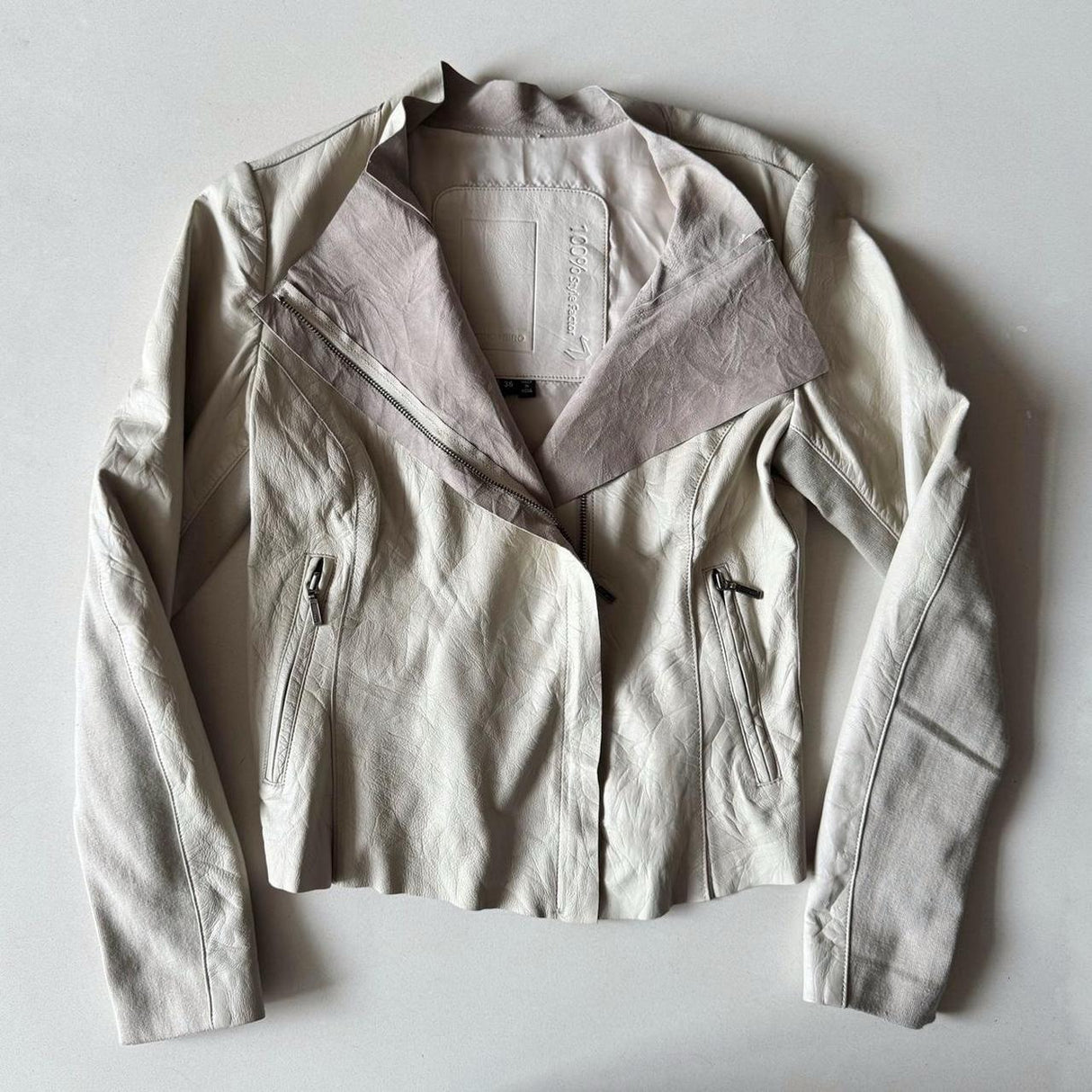 Italian Off White Leather Asymmetrical Lambskin Leather Moto Jacket
