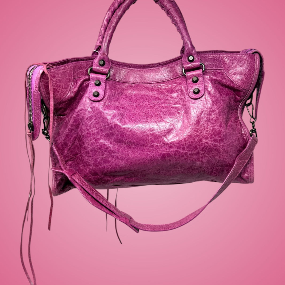 Balenciaga City Hot Pink Distressed Leather Two Way Bag