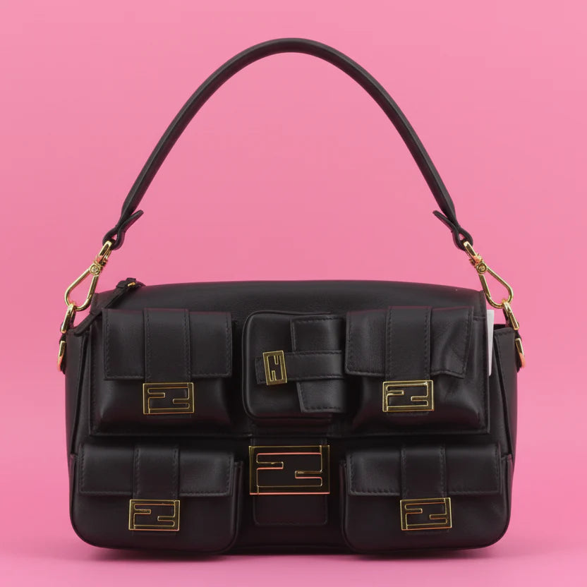 Fendi Zucca FF Multi Pocket Baguette Black Leather