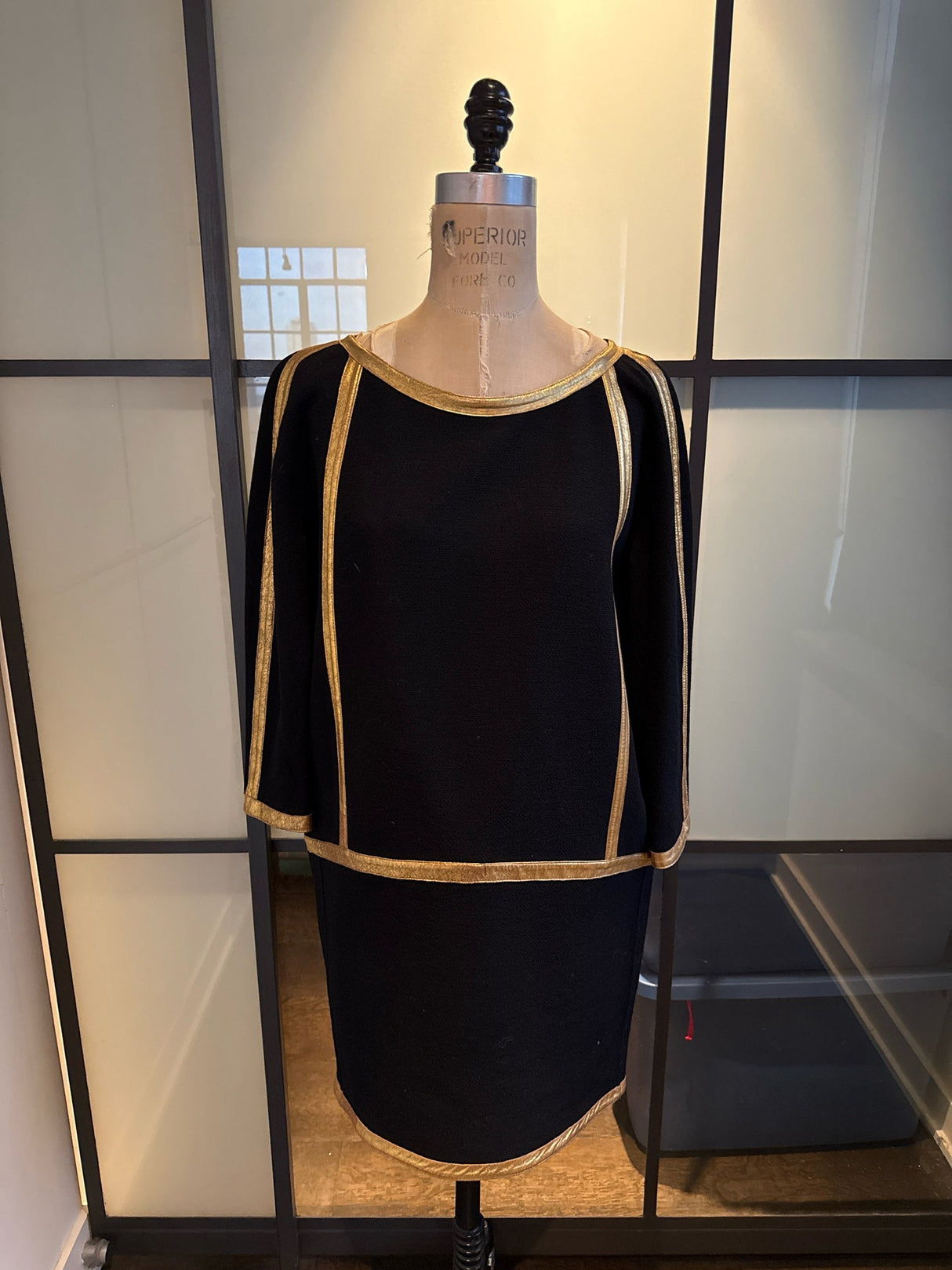 Donna Karan Black Wool Crepe Gold Leather Trim Dress