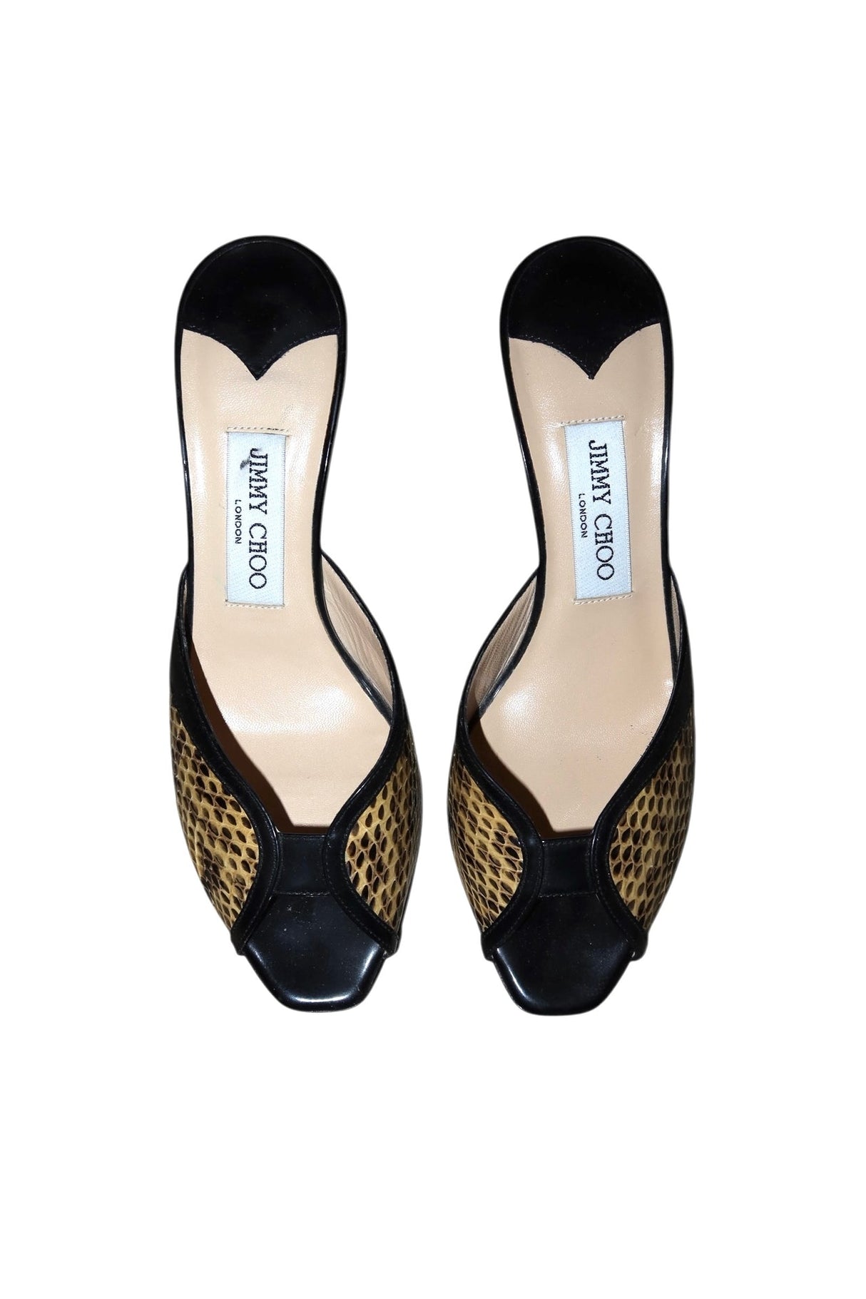 Jimmy Choo snakeskin and black leather peep toe heels (38)