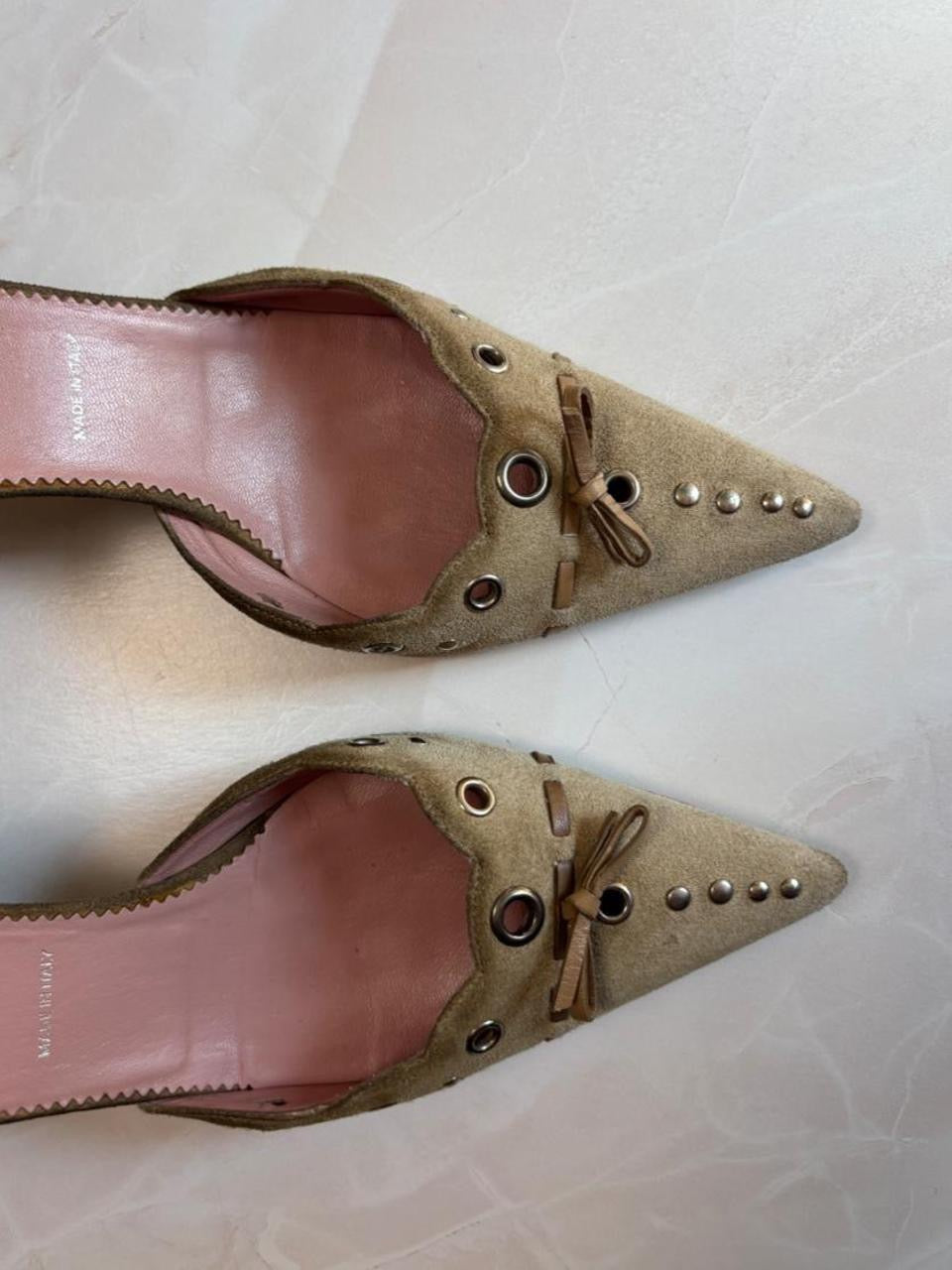 Prada EU 37.5 Authentic Light Brown Suede Pointed Toe Kitten Heel Mule