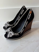 Coach US 7 Black White Monogram Canvas Wedge Sandal