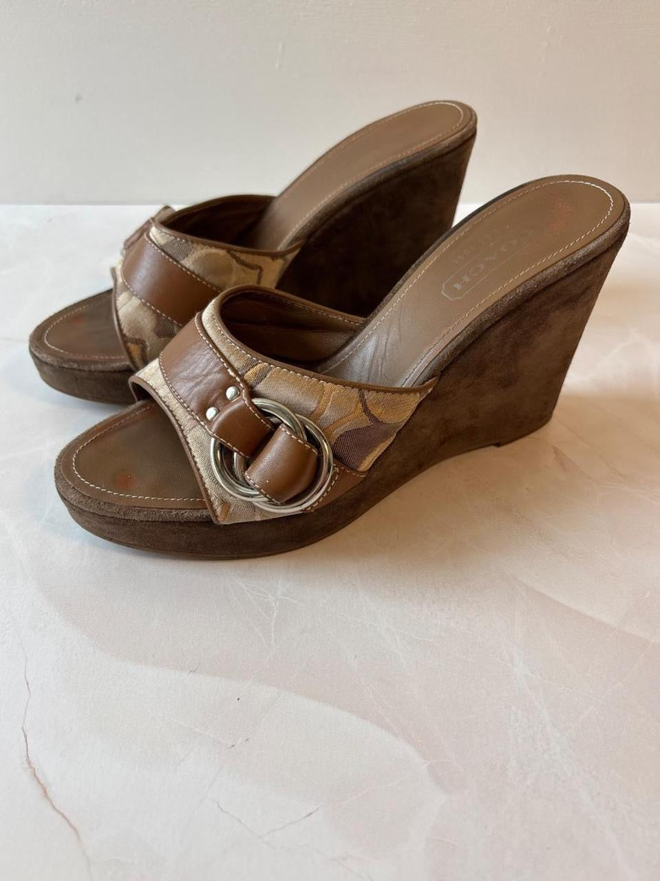 Coach US 7 Tan Monogram Canvas Wedge Mule