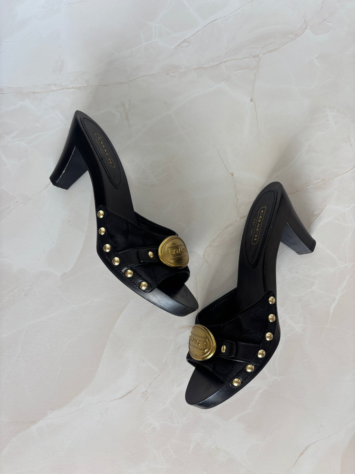 Coach US 8 Black Fabric and Leather Block Heel Mule