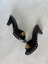 Coach US 8 Black Fabric and Leather Block Heel Mule