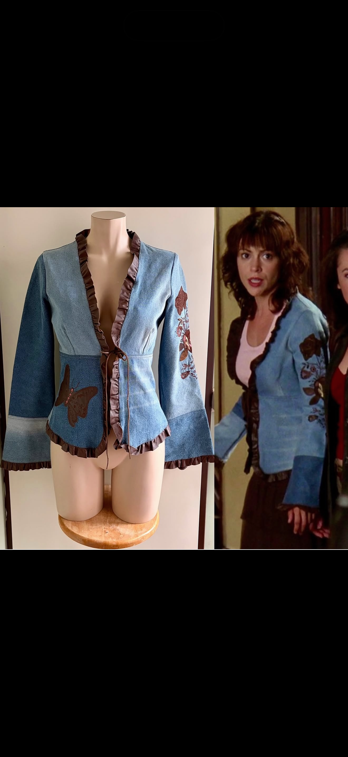 Denim jacket with leather trim and butterfly details as seen on Charmed