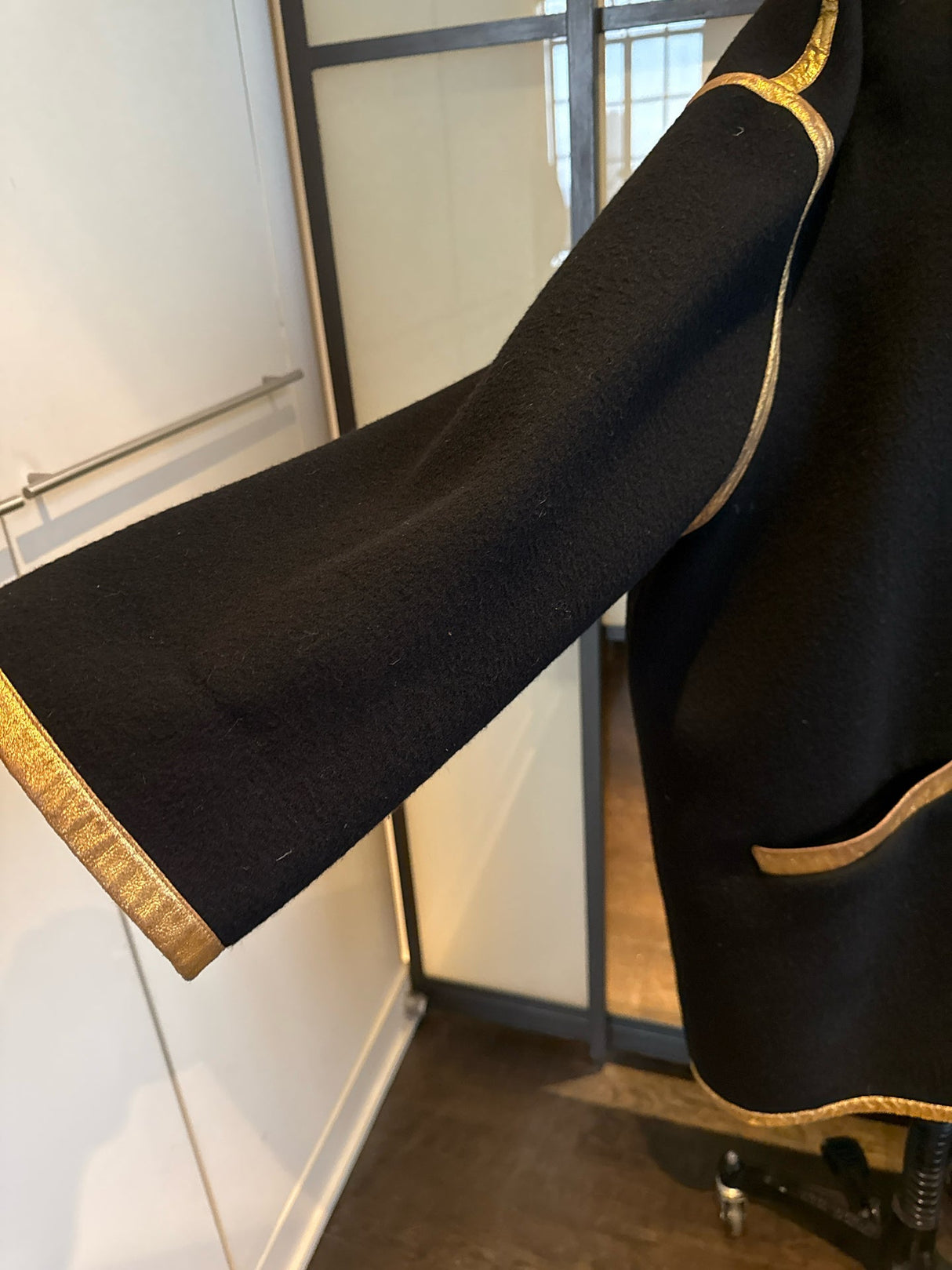 Donna Karan Black Wool Gold Leather Trim Coat Vintge