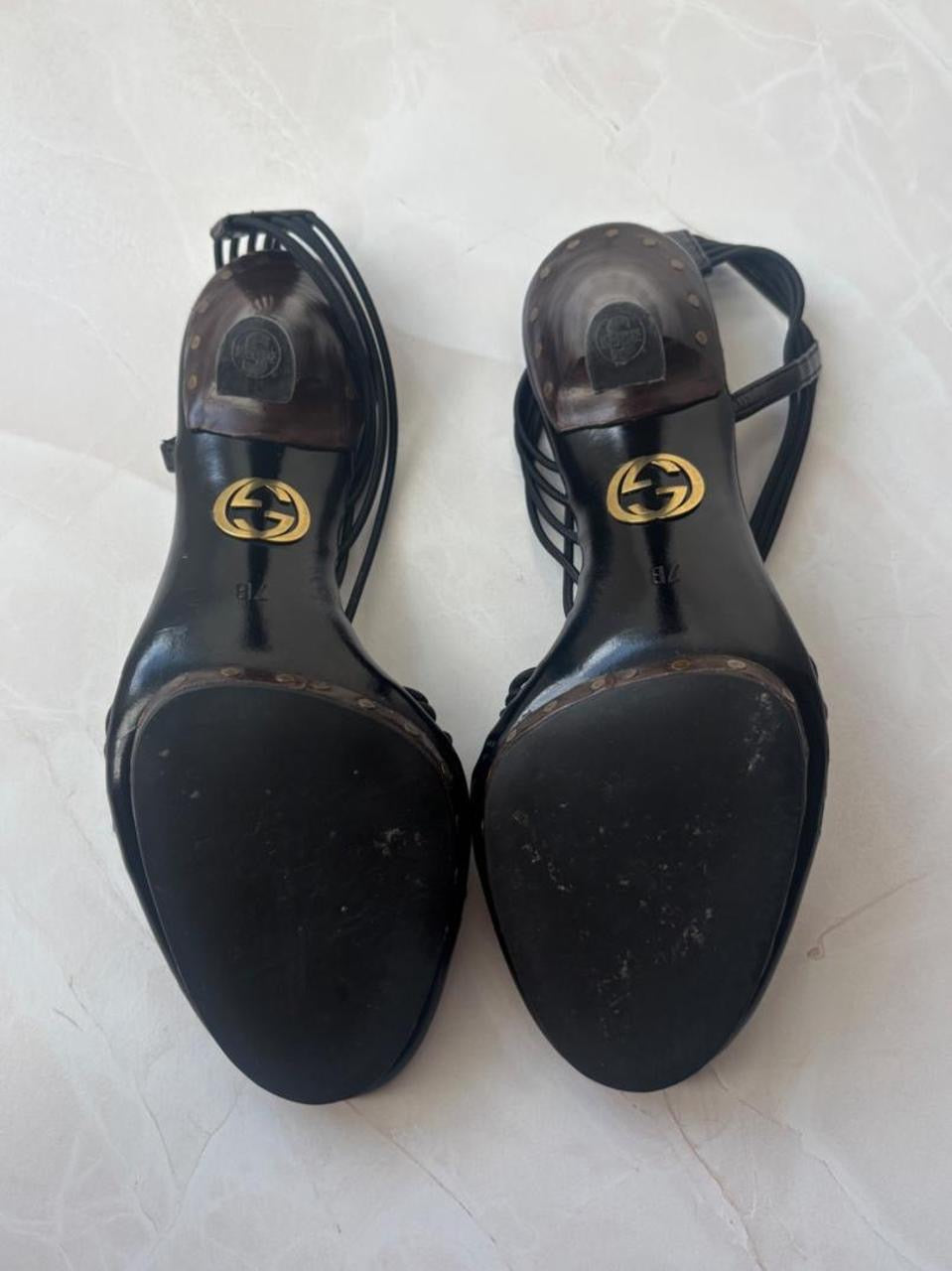 Gucci US 7 Black Leather Strappy Stiletto Sandal
