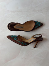 Manolo Blahnik EU 37.5 Brown Floral Embroidered Pointed Toe Slingback