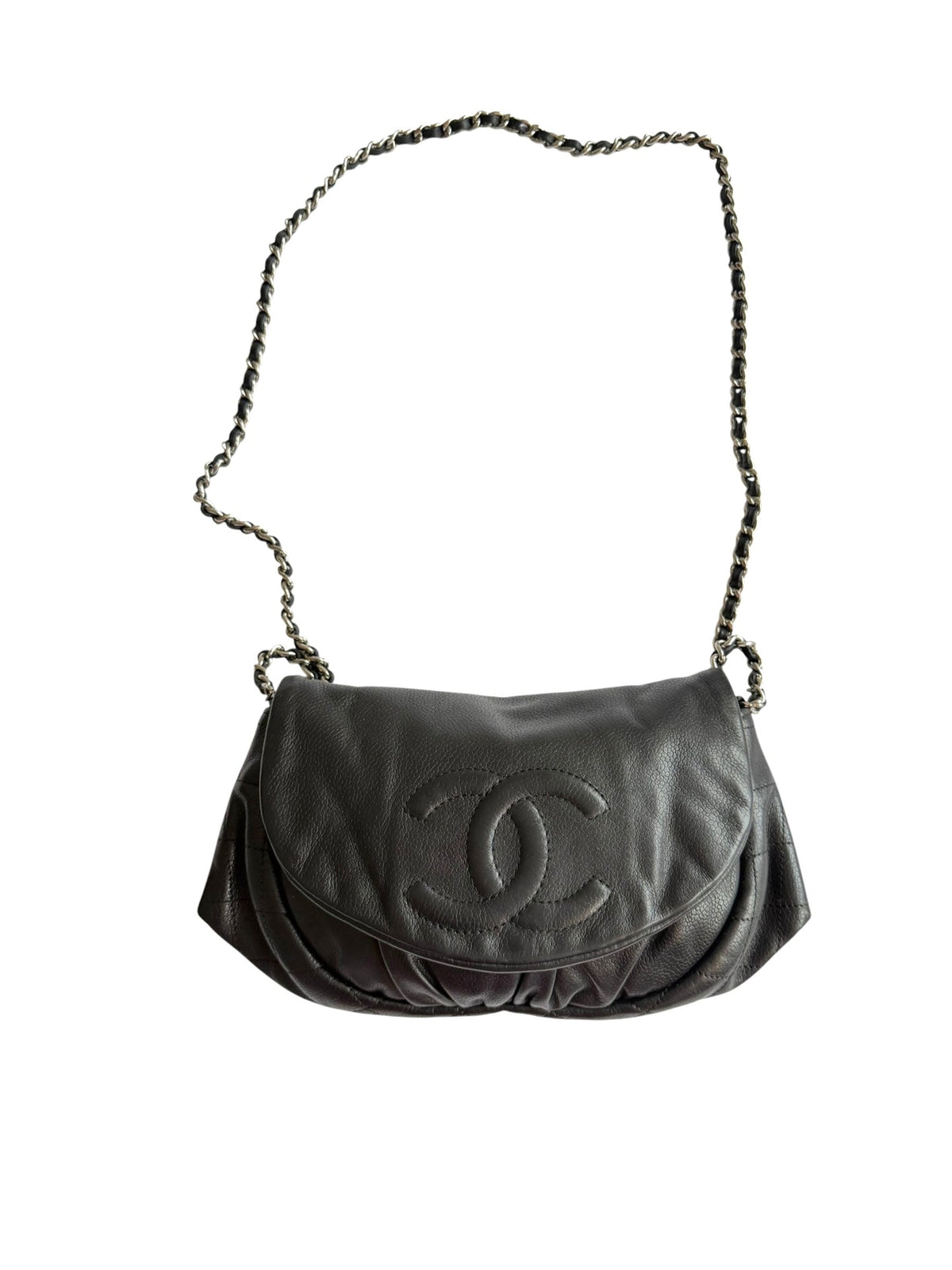 Chanel black CC caviar half moon wallet on chain bag