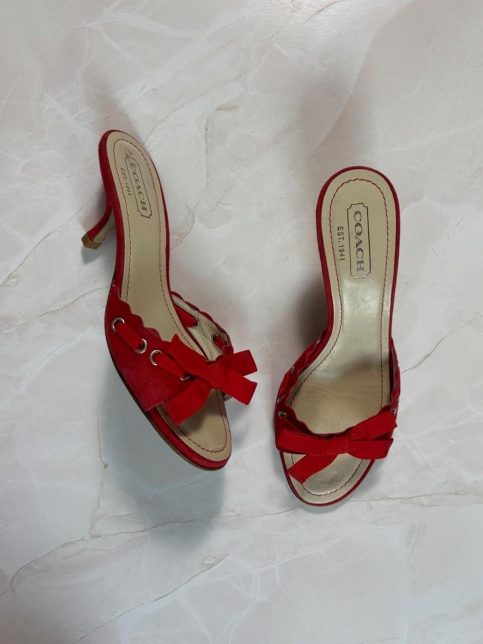 Coach US 6.5 Cherry Red Suede Bow Open Toe Kitten Heel Mule