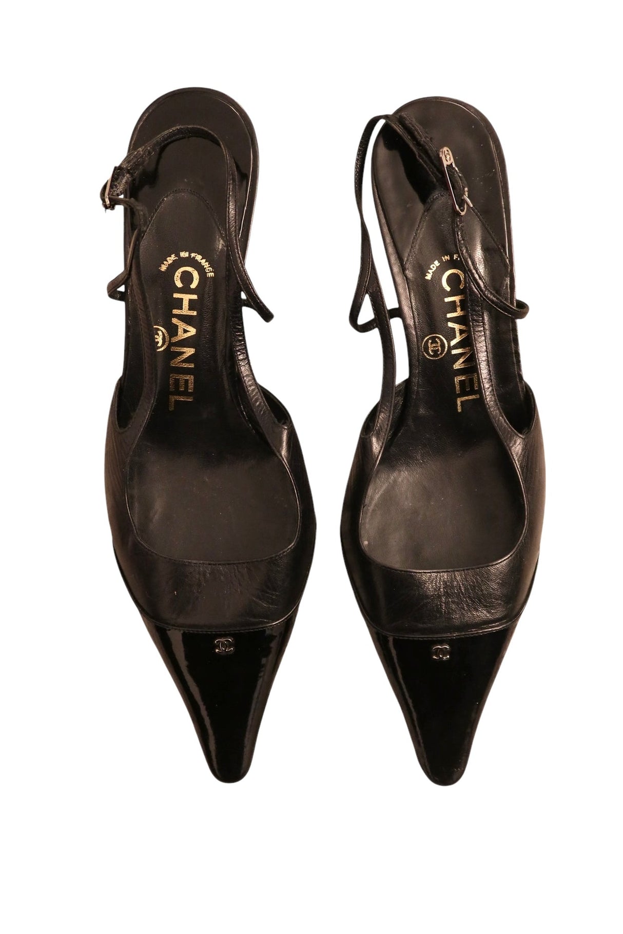 Chanel black leather CC logo cap toe slingback (36.5)