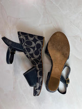 Coach US 8.5 Navy Monogram Canvas Ankle Strap Chunky Platform Wedge