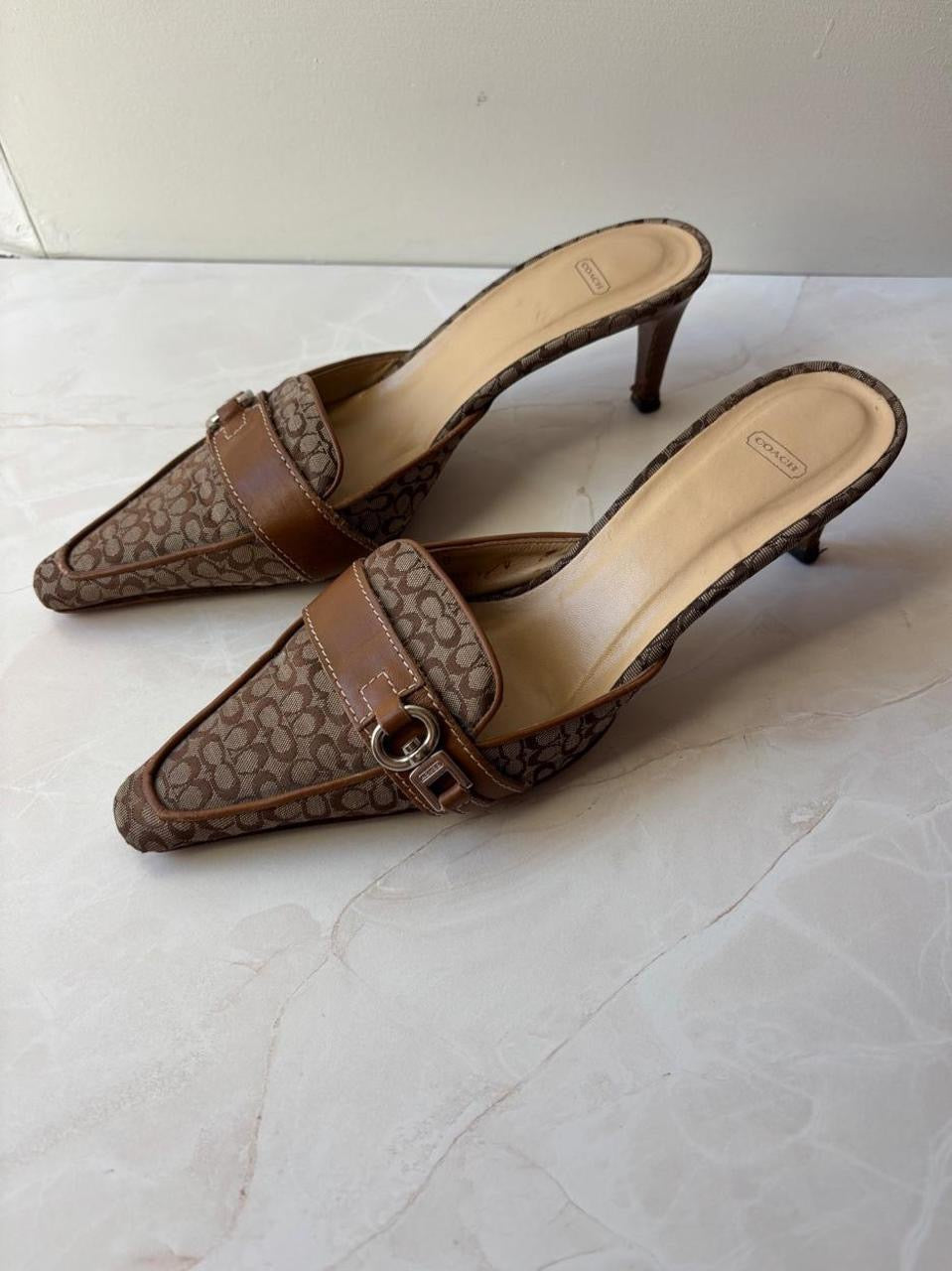 Coach US 7 Tan and Brown Monogram Canvas Pointed Mule