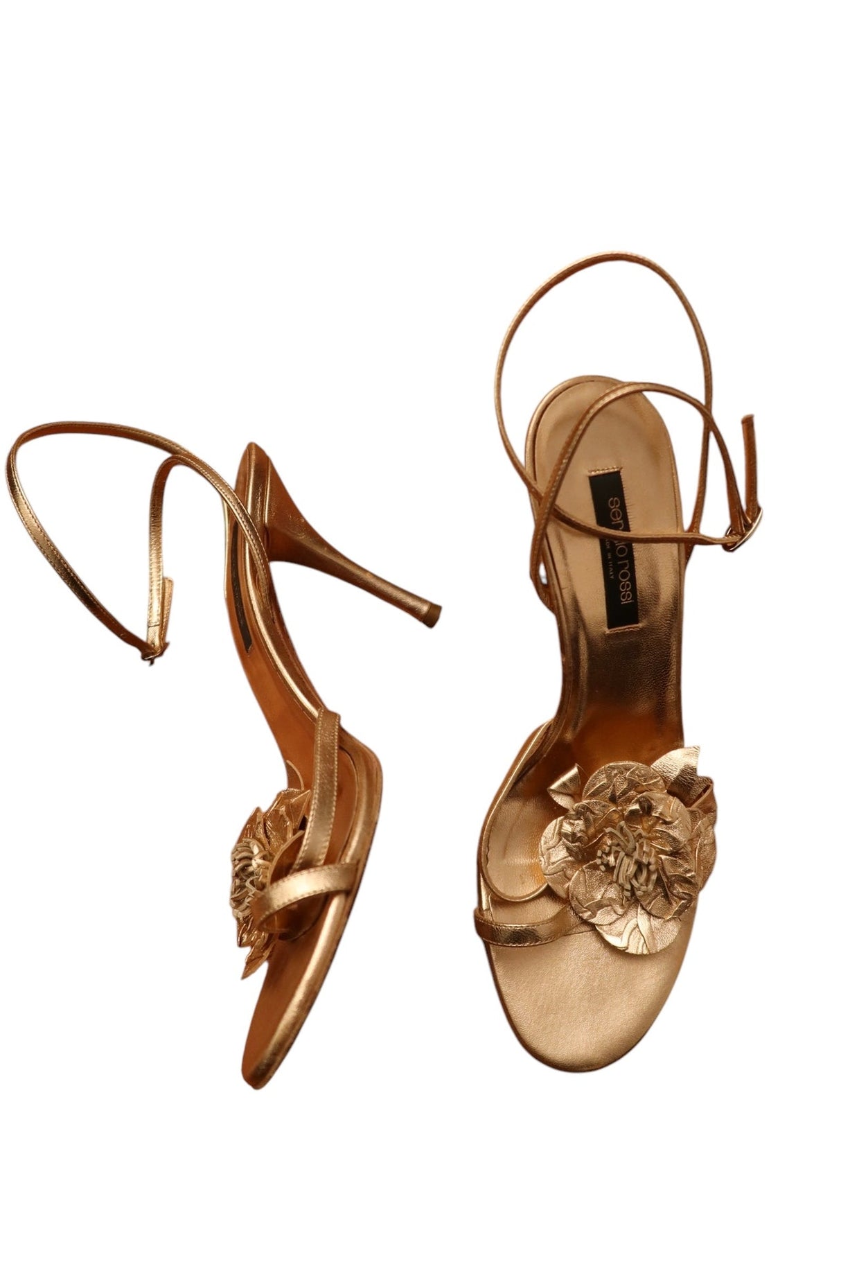 Sergio Rossi rose gold strappy heels with flower embellishment (38)