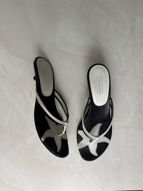 Coach US 8.5 Black and White Leather Open Toe Thong Sandal