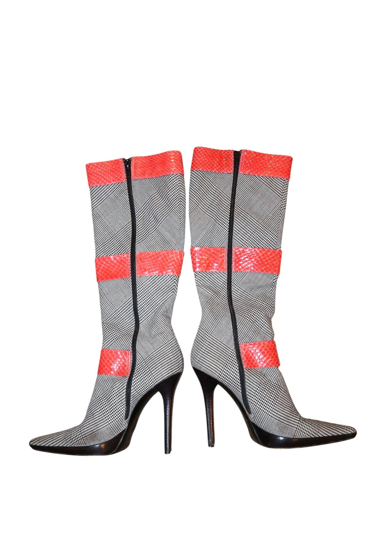Casadei gray plaid boots with red snakeskin details (7)