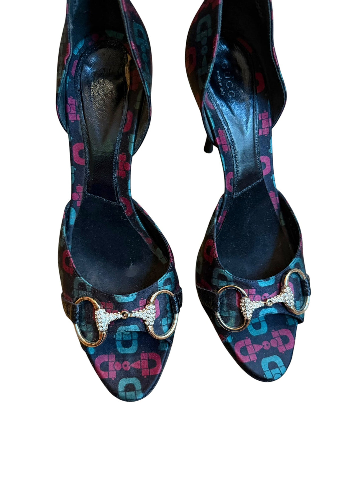 Gucci satin d’orsay black burgundy green horsebit print heels (8B)
