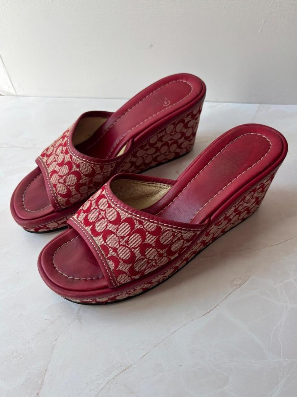 Coach US 7 Red Signature C Monogram Canvas Open Toe Platform Wedge Slide
