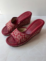 Coach US 7 Red Signature C Monogram Canvas Open Toe Platform Wedge Slide