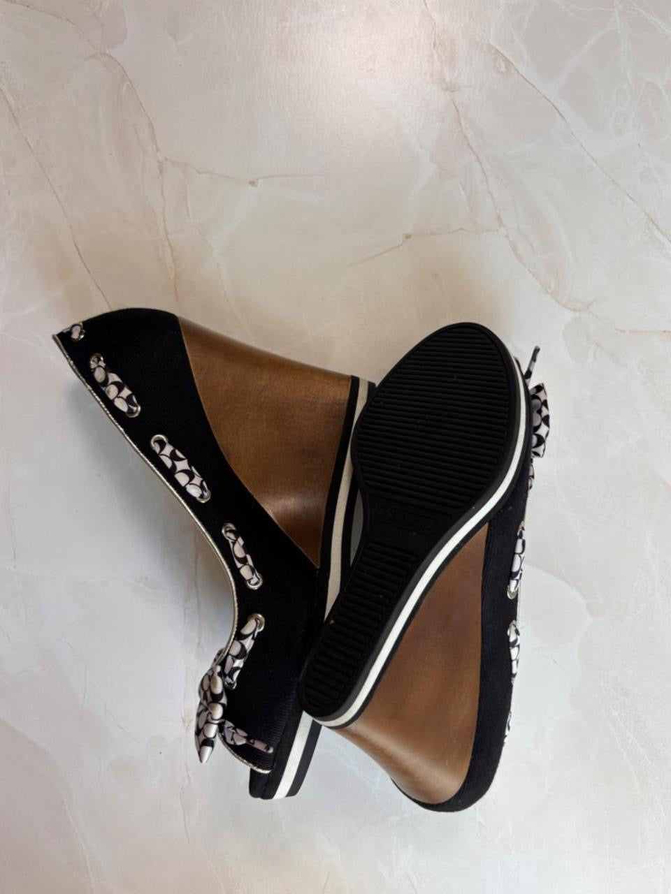 Coach US 7 Black White Monogram Canvas Wedge Sandal