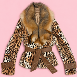 Vintage Leopard Print Rabbit Fur Jacket with Fox Fur Collar